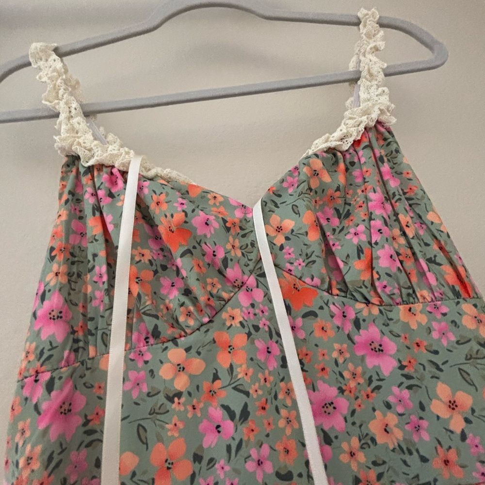 Floral Long Sleeve Dress with Lace Trim